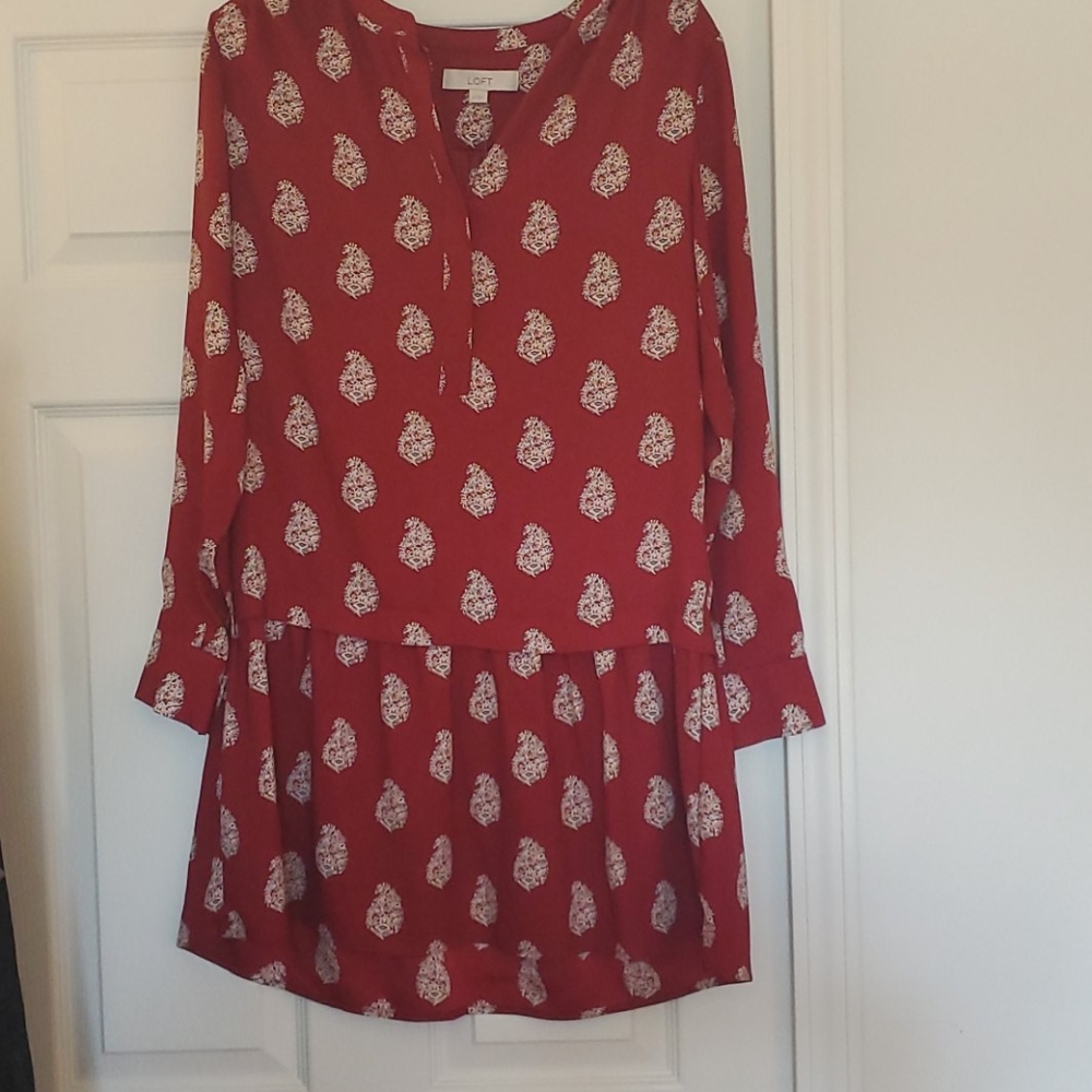 Loft Cranberry and Ivory Paisley Shirt Dress